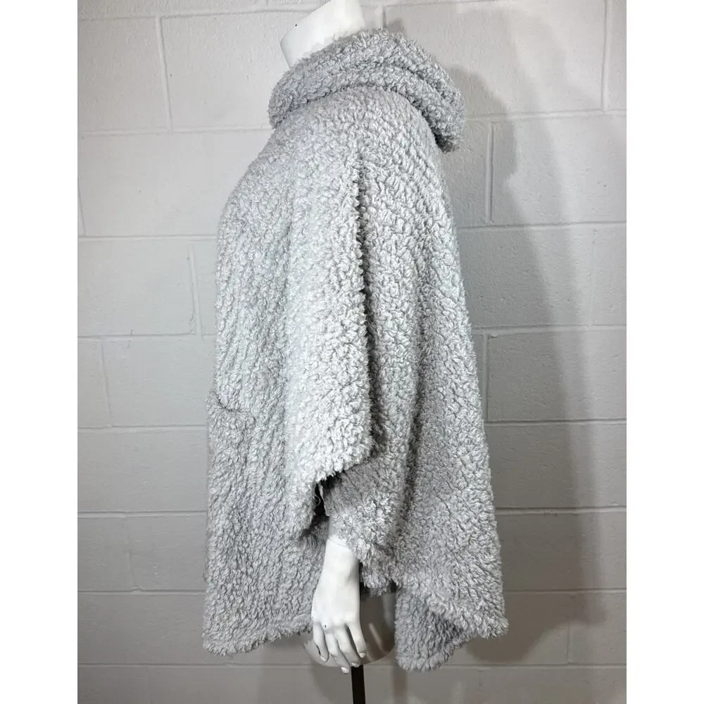 Warm & Cozy Faux Sherpa Hooded Poncho Gray Oversized Wearable Blanket